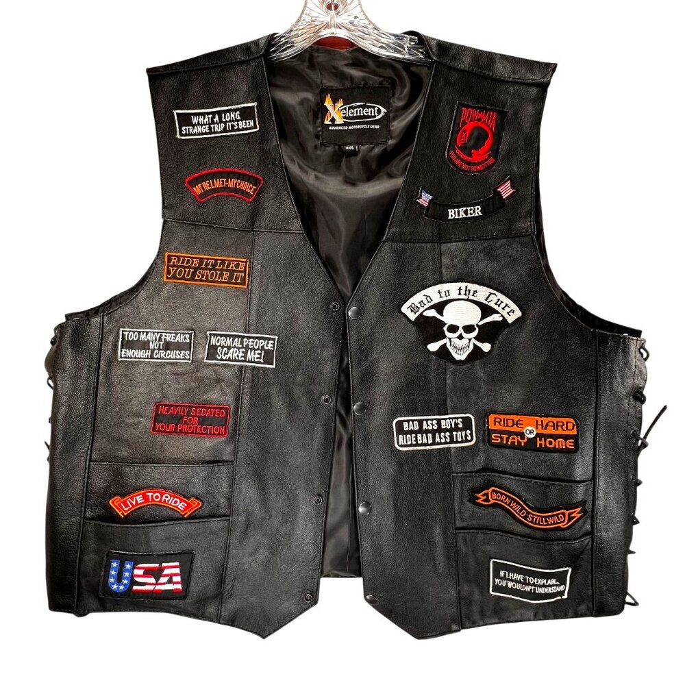 Xelement Motorcycle Leather Vest 3XL Biker Patches Side Laces Flag Eagle Skull